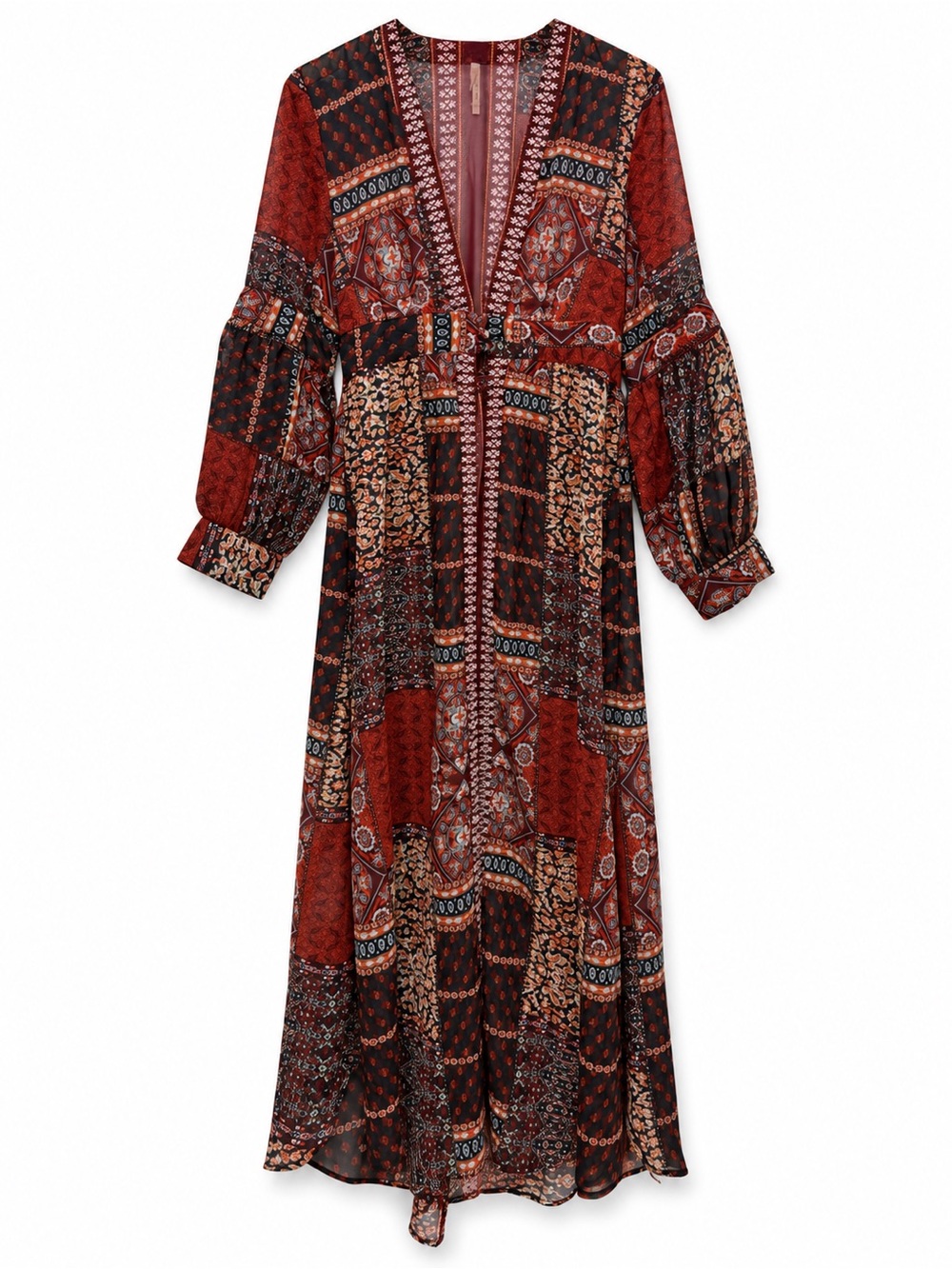 TRUTH NYC Maxi Dress Large Rust Burgundy Paisley Patchwork Long Sleeve
